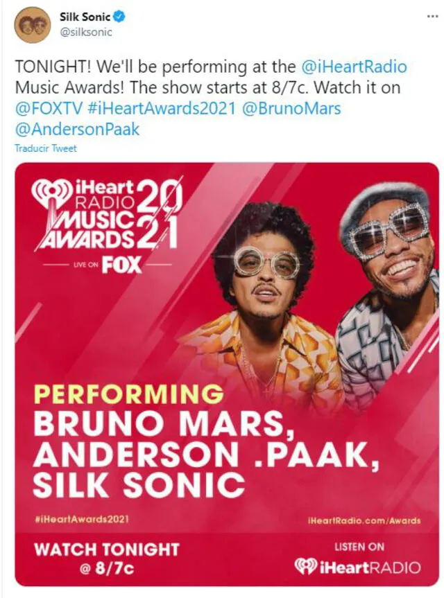 El dúo Silk Sonic se hará presente en los iHeartRadio Music Awards. Foto: captura Twitter