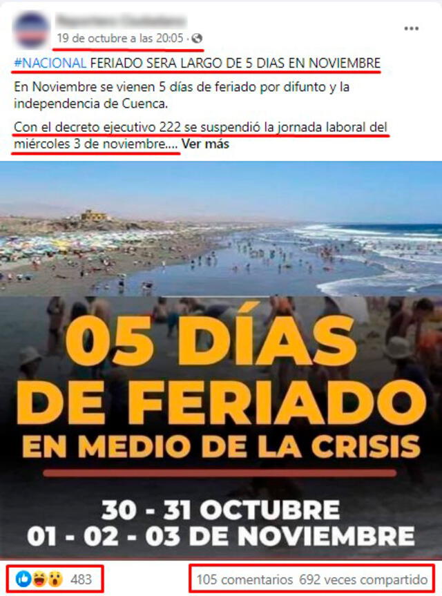 Imagen viralizada que aseveró que en noviembre se tendría cinco días de descanso a nivel nacional. FOTO: Captura de Facebook.