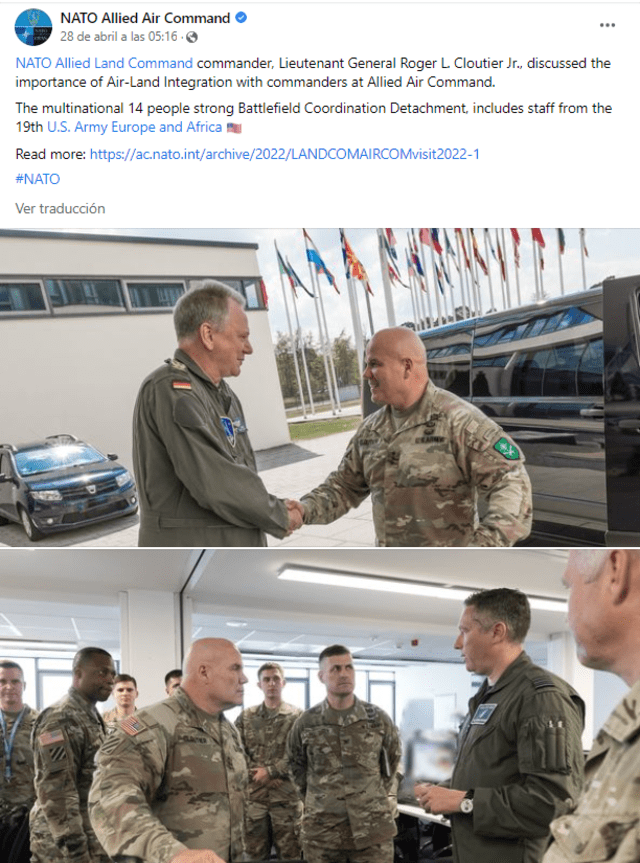 Publicación del Comando Aéreo Aliado de la OTAN, con quien se reunió Cloutier en calidad de representante del Comando Terrestre. Fuente: Captura LR, Facebook.