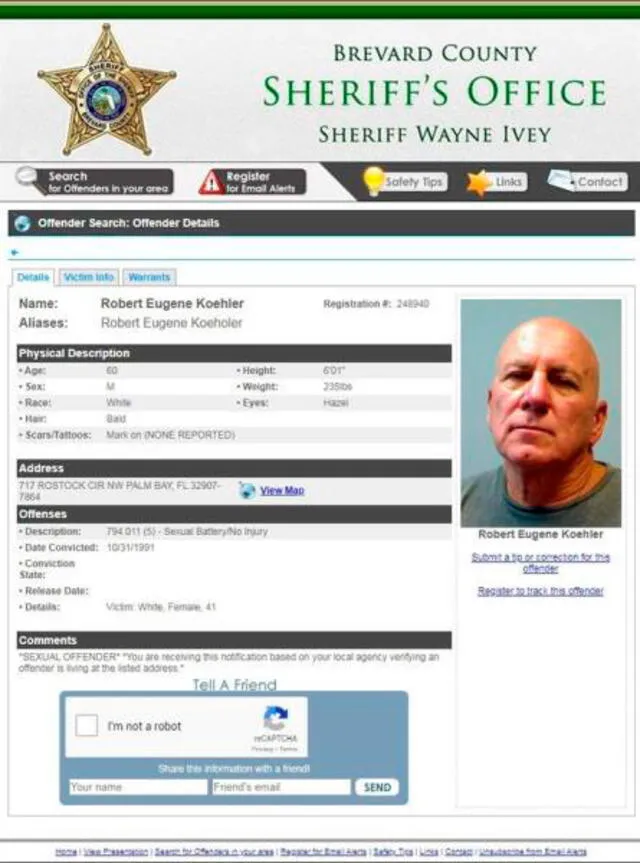 El hombre de 60 años estaba entre los "depredadores sexuales" inscritos de la Oficina del Sheriff del condado Brevard. Foto: captura