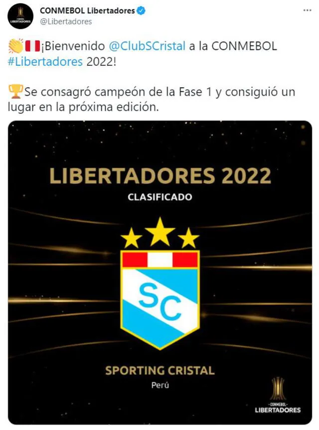 Conmebol saludó la clasificación de Cristal a la próxima Copa Libertadores.