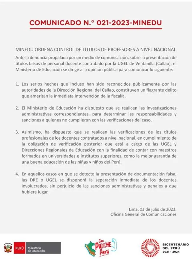 El Minedu aseguró que se determinarán las sanciones y responsabilidades del caso. Foto: Minedu   