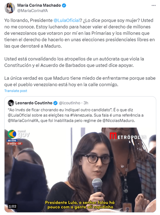 Lula da Silva recomienda a María Corina Machado &quot;no llorar&quot; y elegir a otro candidato | elecciones de Venezuela | Nicolás Maduro | oposición venezolana | elecciones presidenciales 28 de julio | CNE | TSJ | Luiz Inacio Lula Da Silva