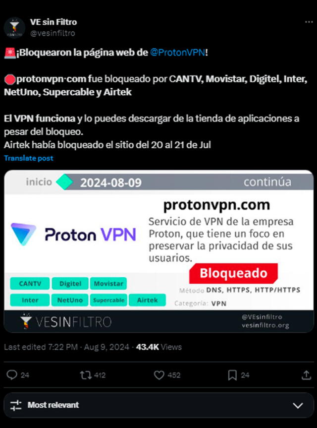 Proton VPN reveló cómo acceder al servicio y evitar el bloqueo en Venezuela. X.   