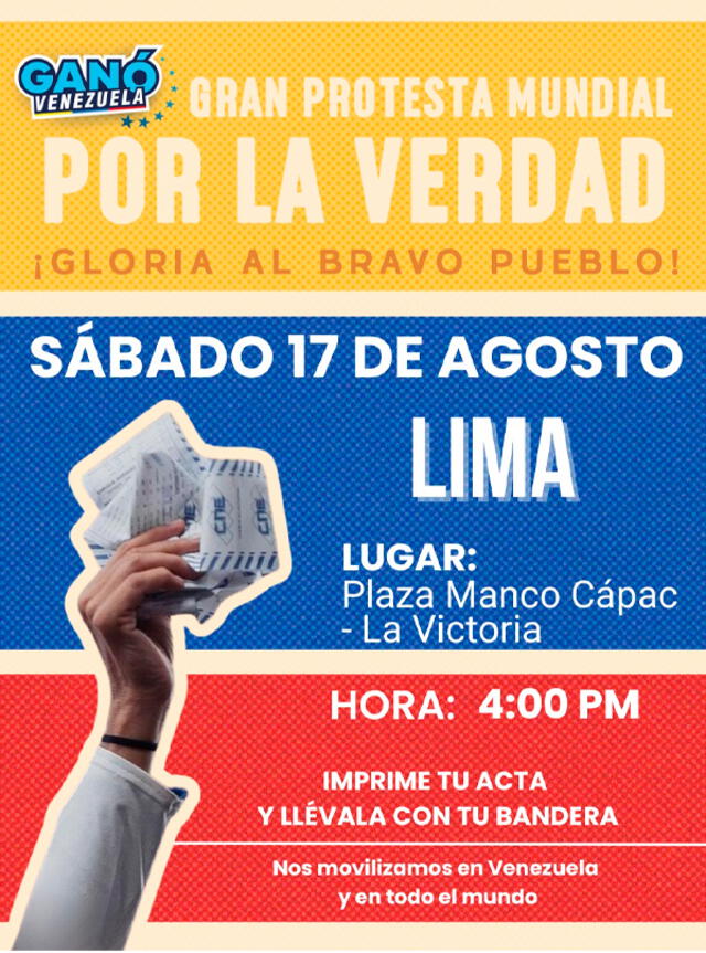 Gran Protesta Mundial por la Verdad en Venezuela, 17 de agosto, hora y punto de concentración en Lima. Foto: Ganó Venezuela   