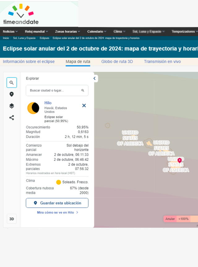 Eclipse solar anillo de fuego octubre 2024, Estados Unidos dónde