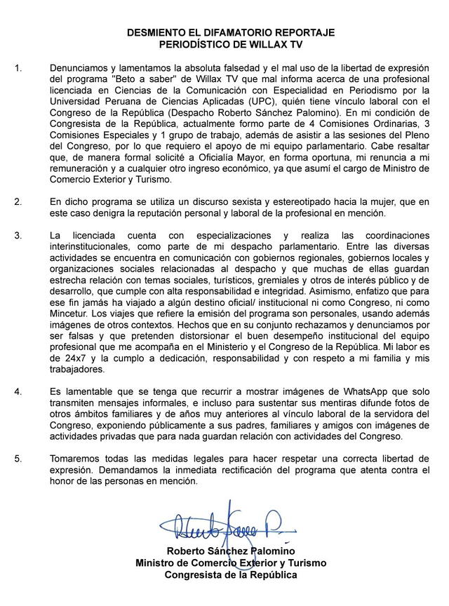 Comunicado del titular del Mincetur. Foto: Twitter