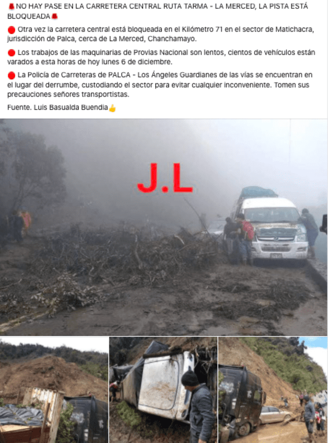 Imágenes compartidas en Facebook que supuestamente describen la magnitud de los daños presentados en un deslizamiento el 6 de diciembre de 2021. Fuente: Captura LR, Facebook.