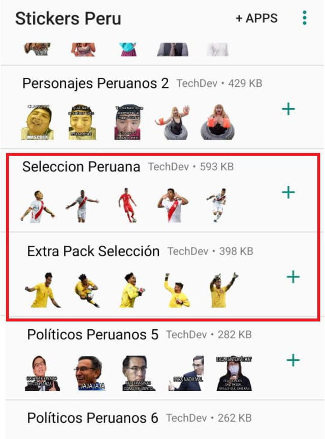 Hay dos paquetes de stickers de los jugadores de Perú. Foto: captura de Play Store