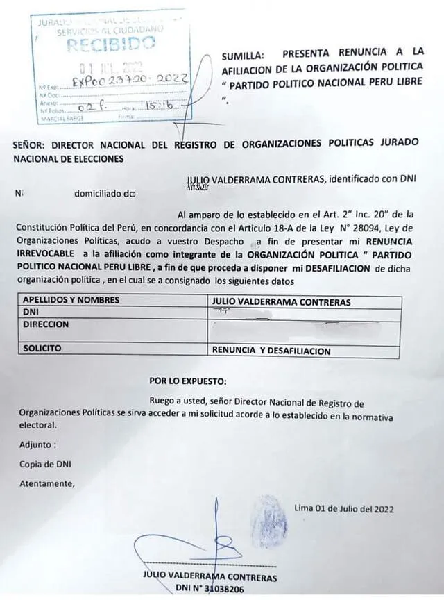 Julio Valderrama solicitó su desafiliación a Perú Libre ante el ROP. Foto: Twitter de Zaira Arias