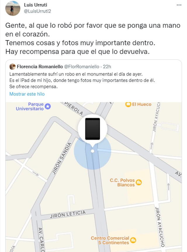 El jugador pidió a la persona que sustrajo el aparato que lo devolviera. Foto: captura de @LuisUrruti/Twitter