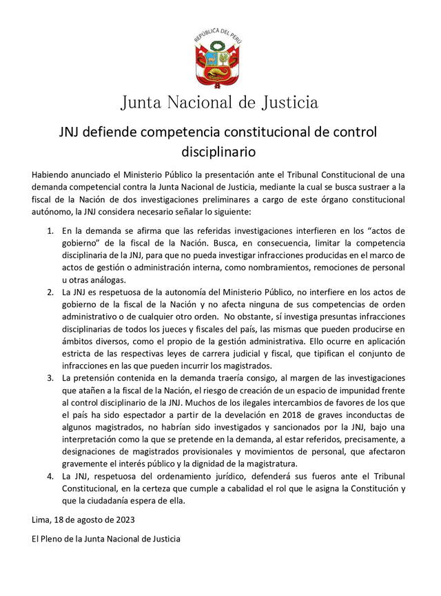  Comunicado de la JNJ. Foto: Twitter/ JNJ<br><br>    