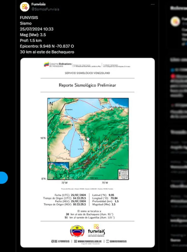  Reporte de Funvisis sobre el último sismo producido en Venezuela. Foto: Funvisis.   