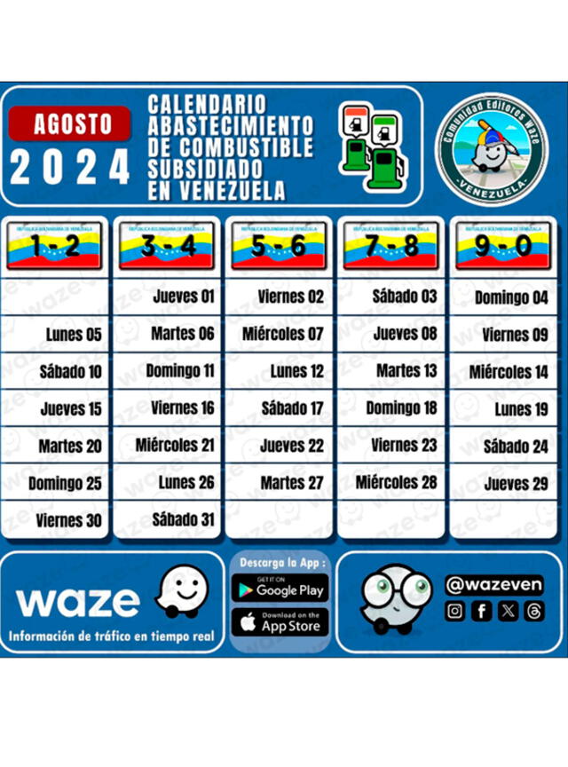 Cronograma de la gasolina subsidiada para agosto 2024. Foto: WazeVen/Instagram.   