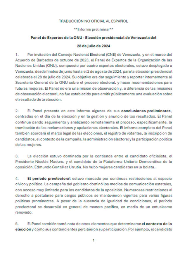 Captura de pantalla de documento de la ONU sobre análisis de actas de la oposicoión. Foto: ONU. 