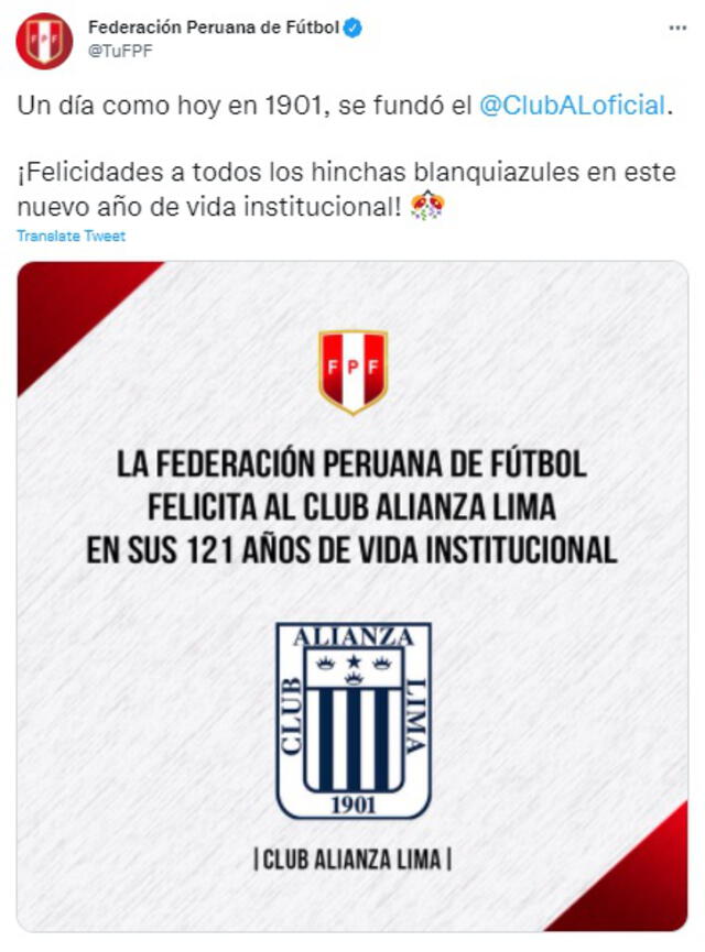 Saludo de FPF a Alianza Lima. Foto: Captura Twitter