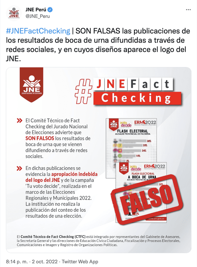 Publicación del JNE sobre los falsos falsos flash electorales. Foto: captura de Twitter / @JNE_Peru