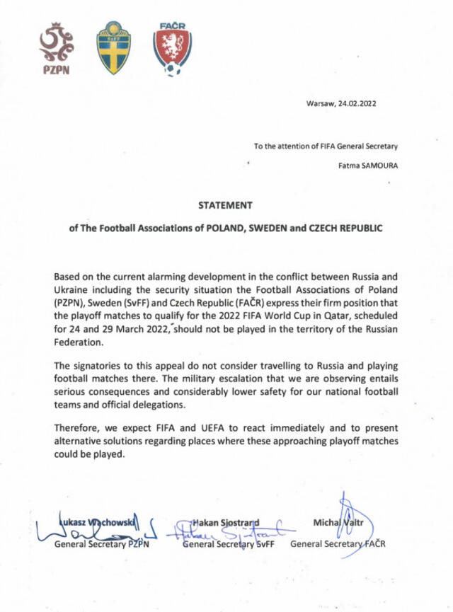 Comunicado las federaciones de fútbol de Polonia, Suecia y República Checa a la FIFA. Foto: Federación Polaca de Fútbol