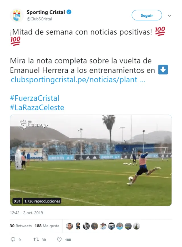 Sporting Cristal informó sobre la situación de Herrera a través des su cuenta de twitter.