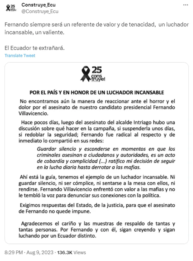 Elecciones Ecuador 2023| Fernando Villavicencio| Construye| asesinato de Fernando Villavicencio