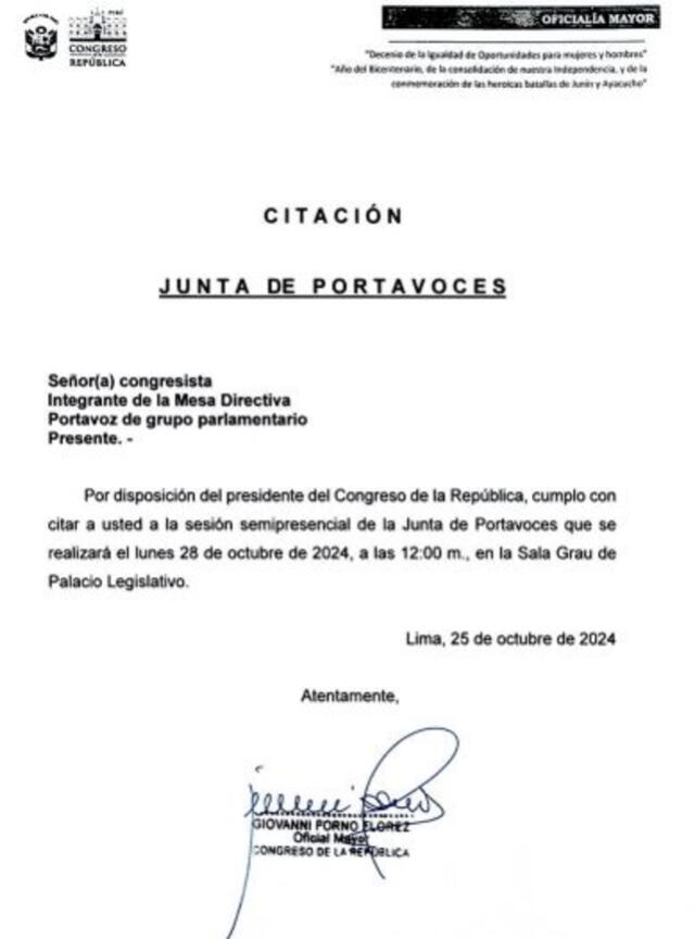 Citación del presidente del Congreso a los portavoces para el lunes 28 de octubre en Sala Grau   