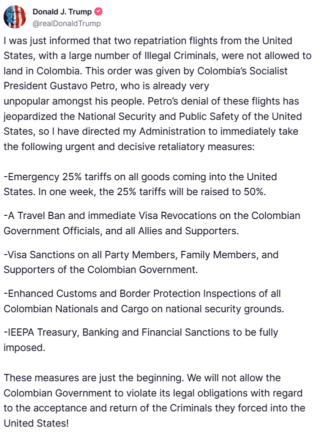 Donald Trump anunció sanciones inmediatas para Colombia tras el rechazo de aviones con migrantes. Foto: realDonaldTrump / Truth Social   