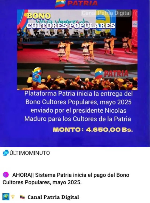 Anuncio del Bono Cultores Populares de mayo 2025. Foto: Canal Patria Digital Anuncio del Bono Cultores Populares de mayo 2025. Foto: Canal Patria Digital