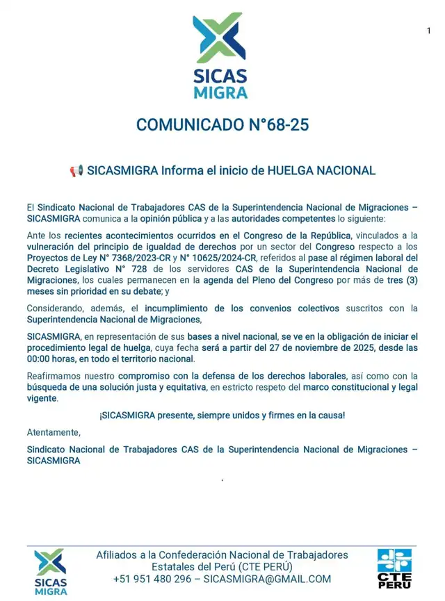 Comunicado del sindicato de trabajadores de MIgraciones. Créditos: Sicasmigra<br> Comunicado del sindicato de trabajadores de MIgraciones. Créditos: Sicasmigra<br>