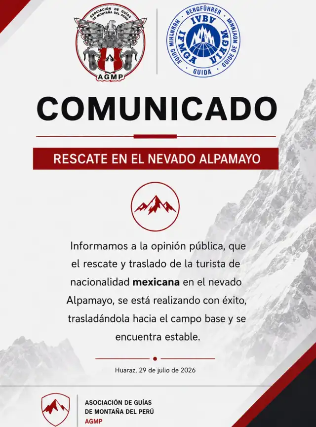 La Asociación de Guías de Montaña del Perú destacó la importancia de realizar expediciones con guías certificados tras este incidente en la Cordillera Blanca. La Asociación de Guías de Montaña del Perú destacó la importancia de realizar expediciones con guías certificados tras este incidente en la Cordillera Blanca.