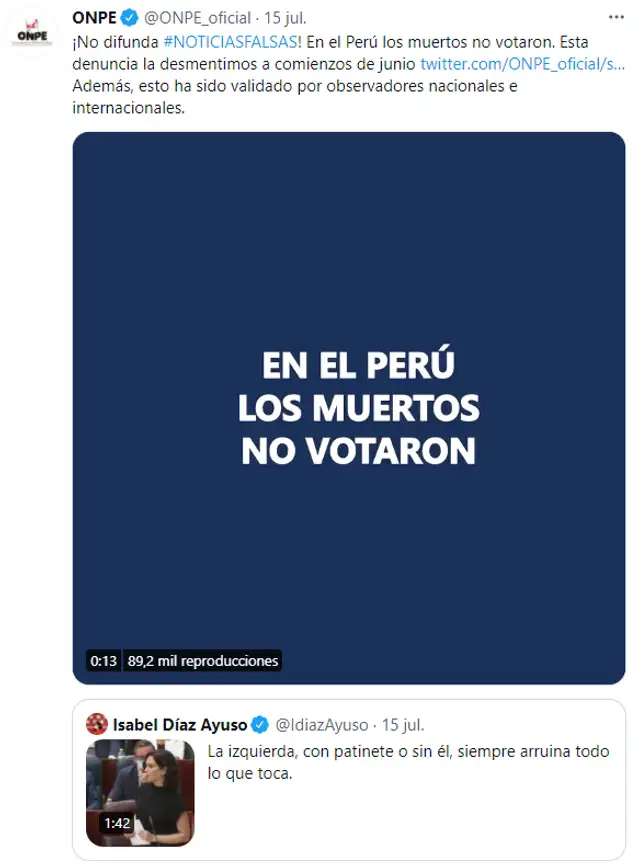Publicación de la ONPE. Foto: Captura Twitter