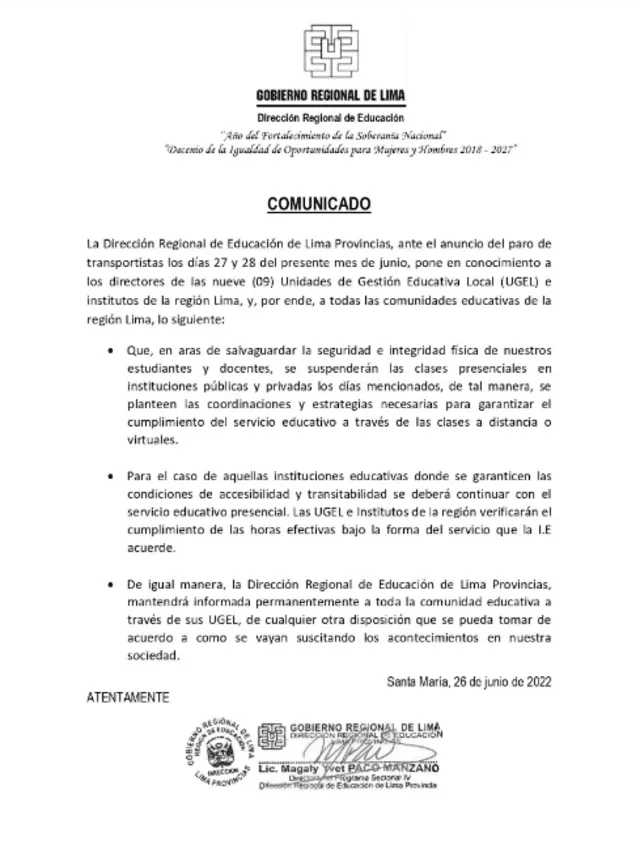 Comunicado Gobierno Regional de Lima.