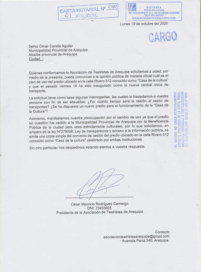 Carta notarial dirigida al alcalde Omar Candia.