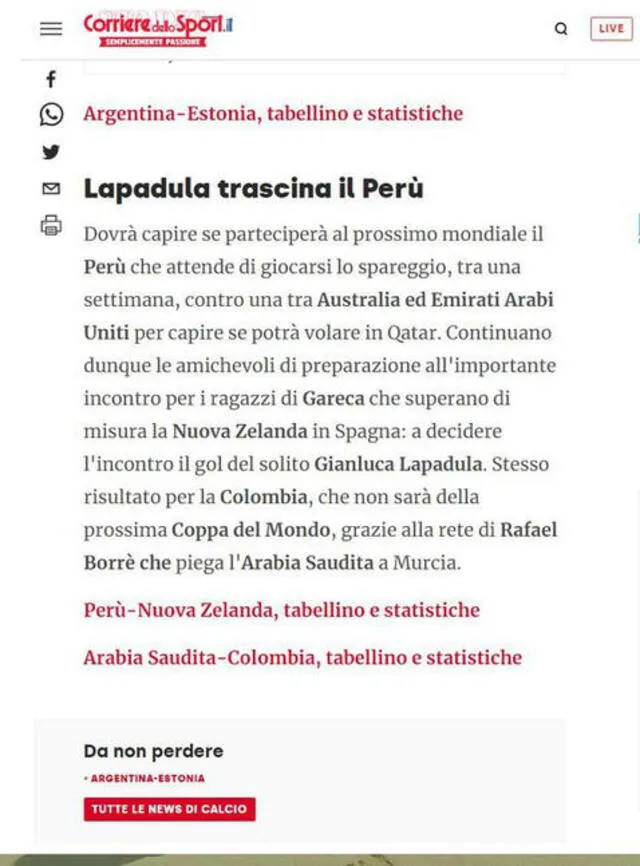 Corriere dello Sport se refirió sobre Gianluca Lapadula