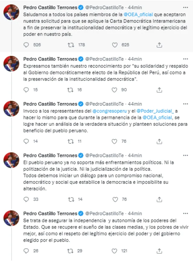 Pronuniciamiento de Pedro Castillo sobre la OEA. Foto: captura de Twitter