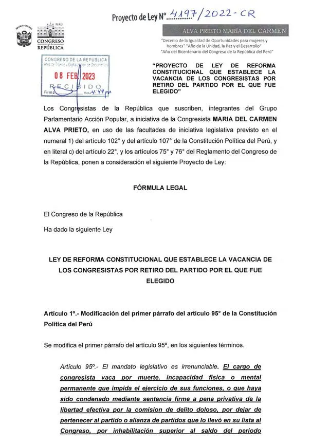 Proyecto de Ley presentado por la congresista María del Carmen Alva   