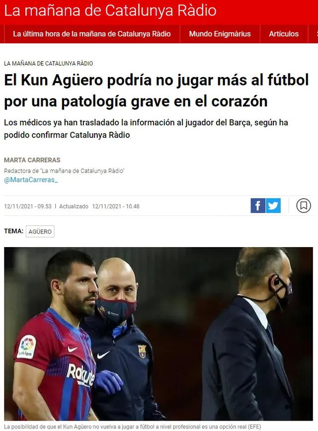 Agüero será evaluada luego de un tratamiento de tres meses. Foto: captura de Catalunya Radio