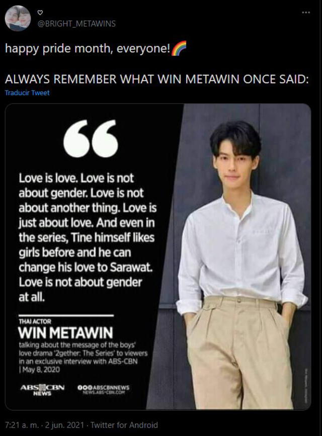 Win Metawin sobre el amor. Foto: captura Twitter