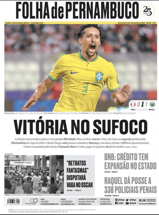  Las reacciones de la prensa brasileña tras el triunfo sobre Perú. Foto: Folha de Pernambuco.   