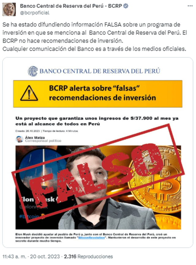  BCR desmiente que promueva el proyecto de inversión ‘Bitcoin Revolution’. Foto: captura en Twitter / BCR.   