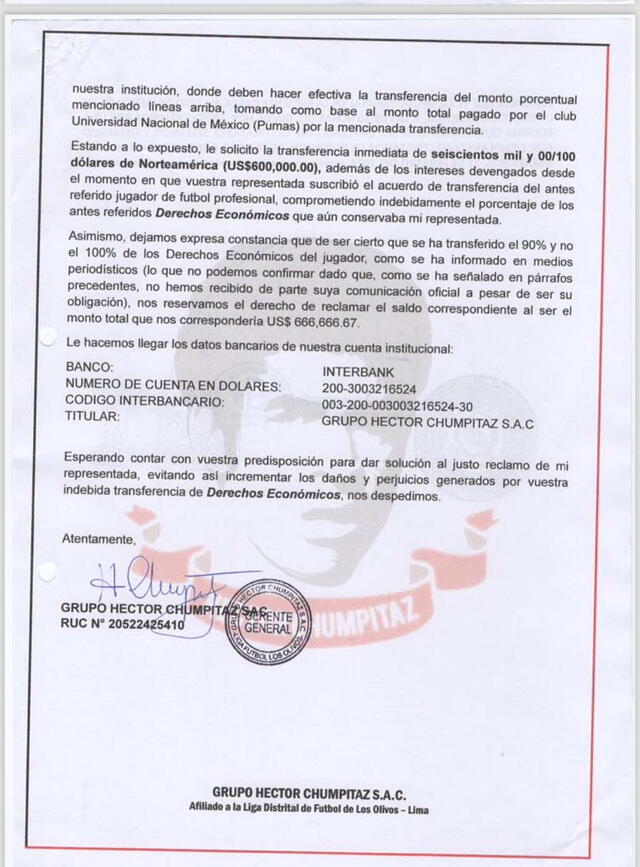  La carta enviada a Jean Ferrari es del 15 de febrero del 2024. Foto: Grupo Héctor Chumpitaz a Universitario    