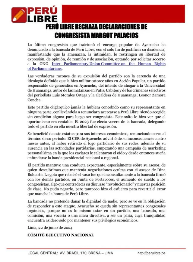 Conflictos entre Perú Libre y la congresista habrían desembocado en acusaciones de oportunismo y deslealtad por parte del partido.<br>Foto: X Perú Libre   