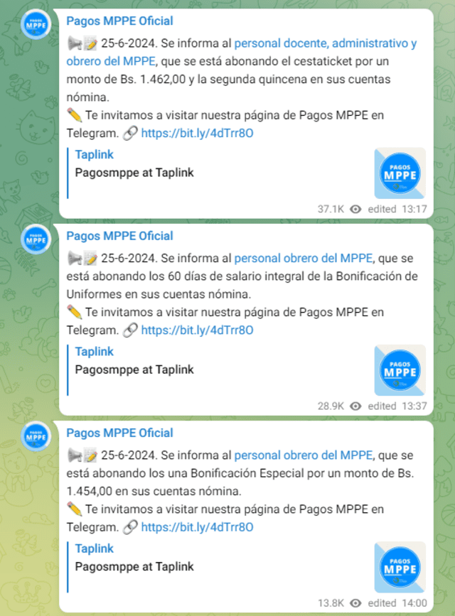 Estos pagos realizó el MPPE en junio de 2024. Foto: composición LR/Telegram.   