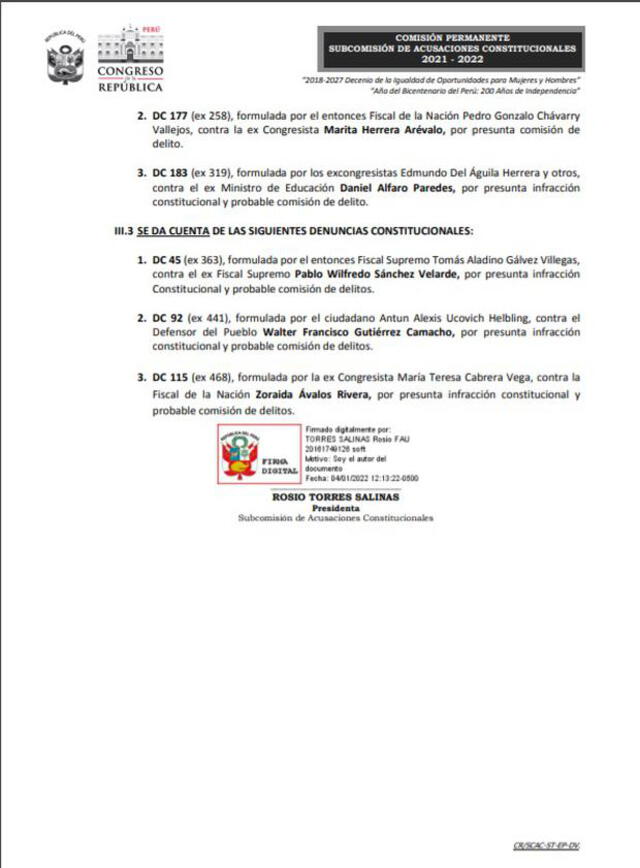 Agenda de la Subcomisión de Acusaciones Constitucionales de este jueves 6 de diciembre.