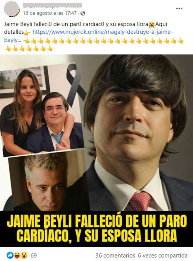 Una publicación asegura que Jaime Bayly supuestamente murió por paro cardíaco. Foto: captura en Facebook.