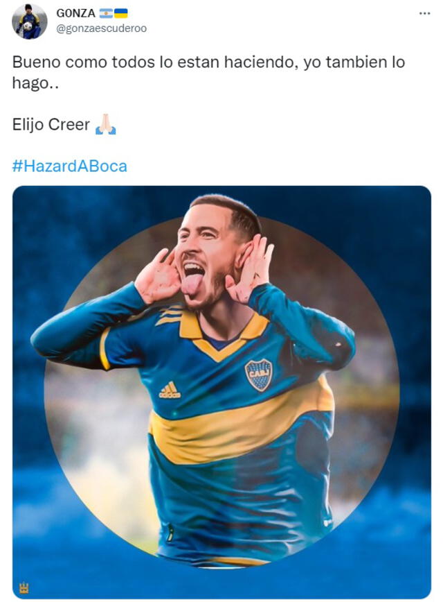 La imagen editada de Hazard con la camiseta de Boca se viralizó en redes sociales. Foto: captura de Twitter