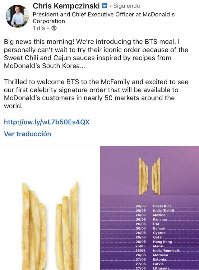 Chris Kempczinnski, presidente y chef ejecutivo de McDonald’s sobre el BTS Meal. Foto: captura LinkedIn