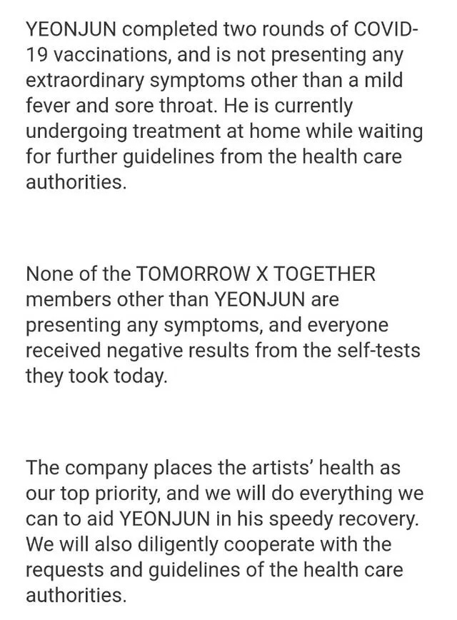 Comunicado de BIG HIT sobre Yeonjun. Foto: Weverse