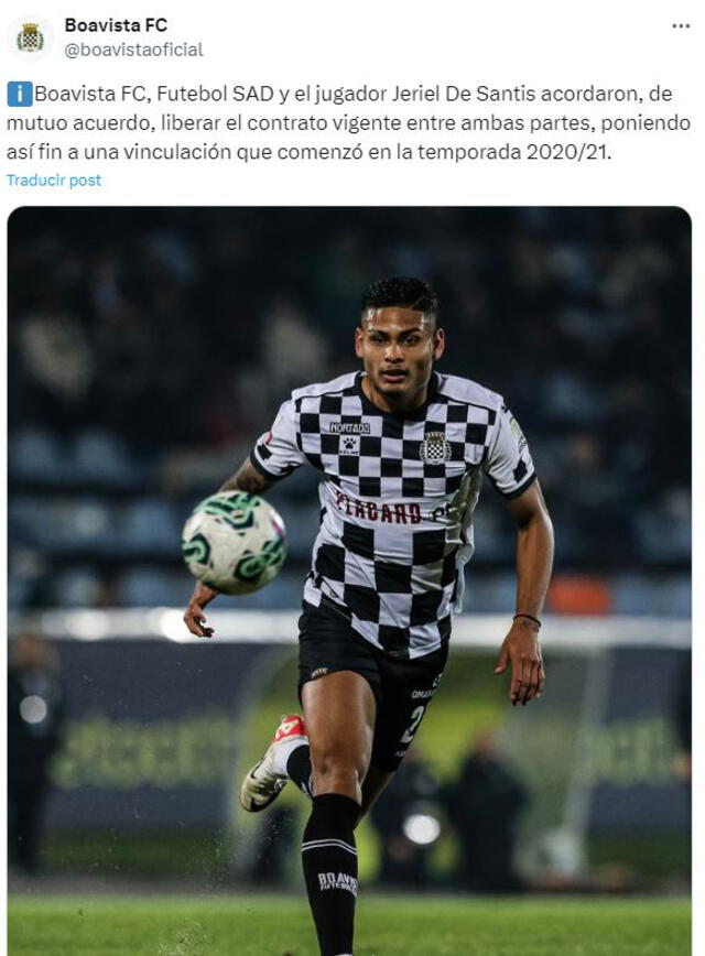 Boavista confirmó la salida de Jeriel De Santis. Foto: X/Boavista.   