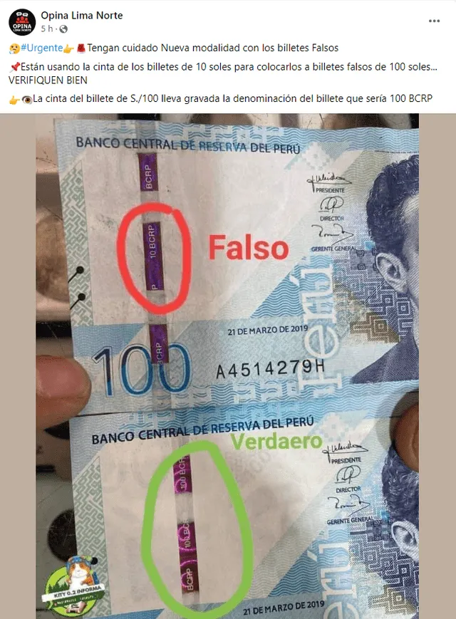 Así se ven los billetes falsificados con esta modalidad. Foto: Opina Lima Norte/Facebook