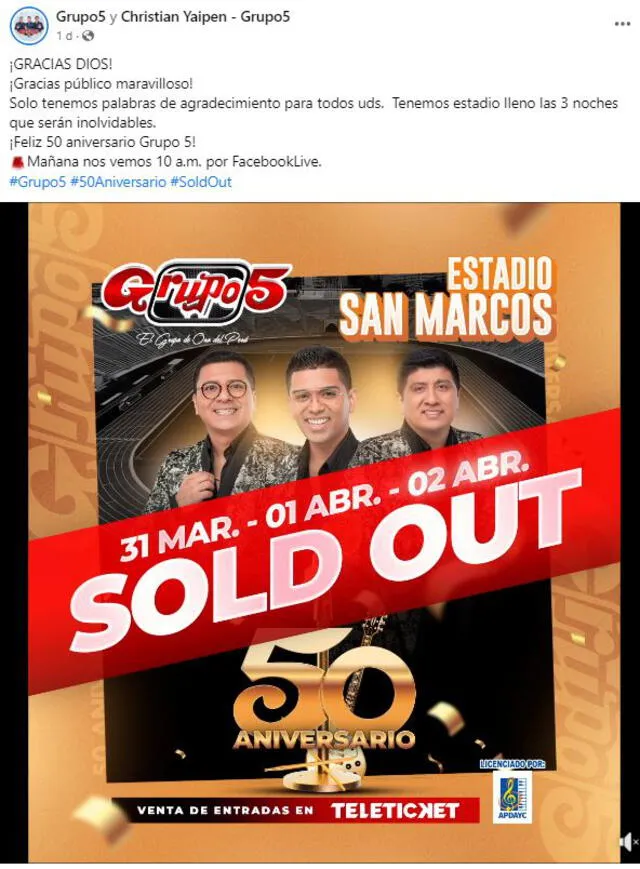 El Grupo 5 tendrá tres conciertos en el Estadio de San Marcos a finales de marzo e inicios de abril.
